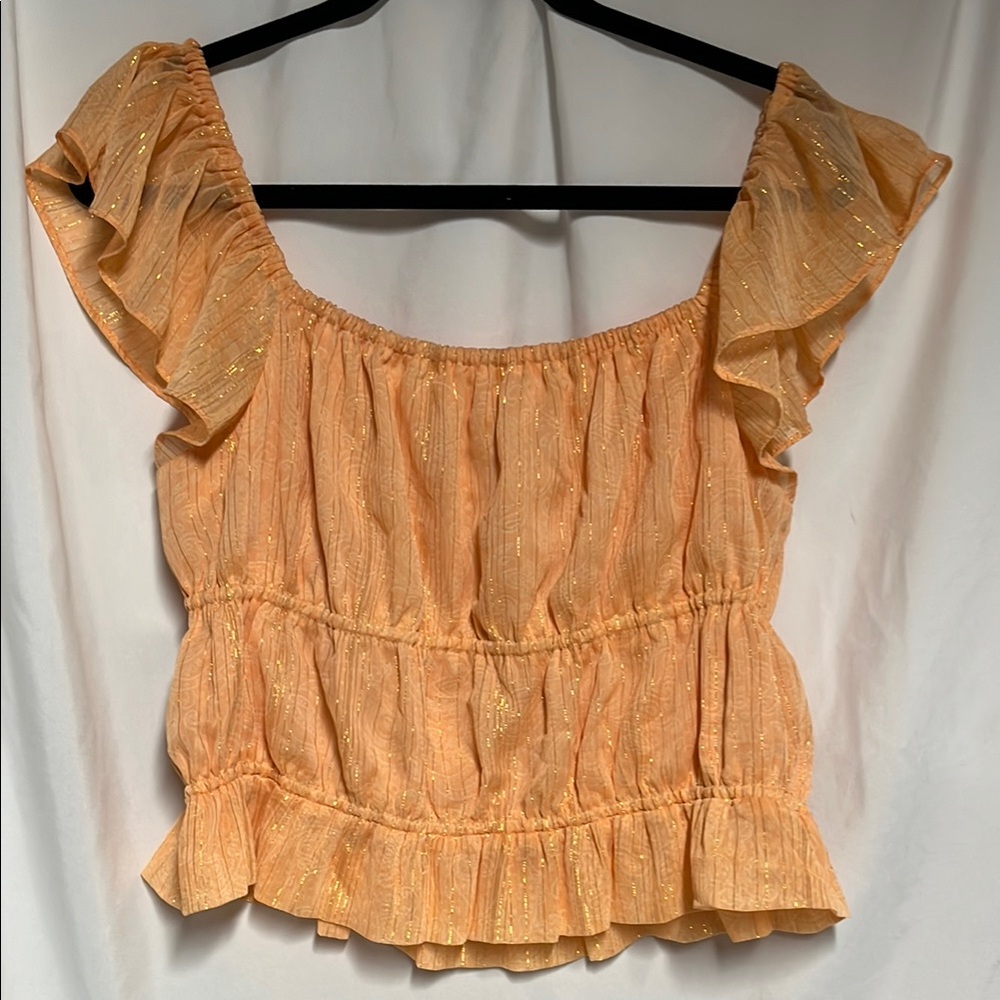 Express Orange w gold Flutter Sleeve Ruffled Blouse sz large